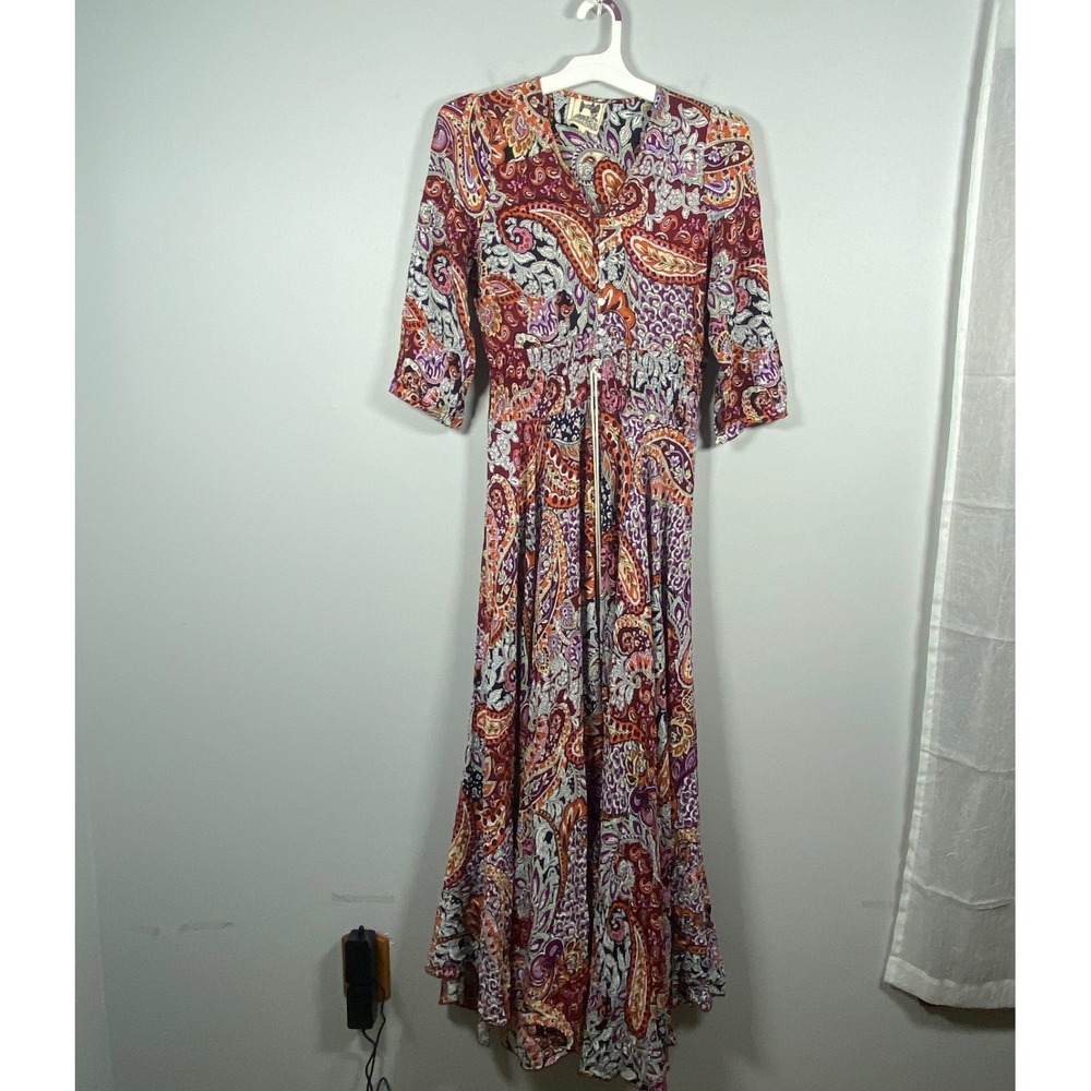 Jaase Maxi Dress Women's Large Burgundy Orange Paisley Boho‎ Western Festival